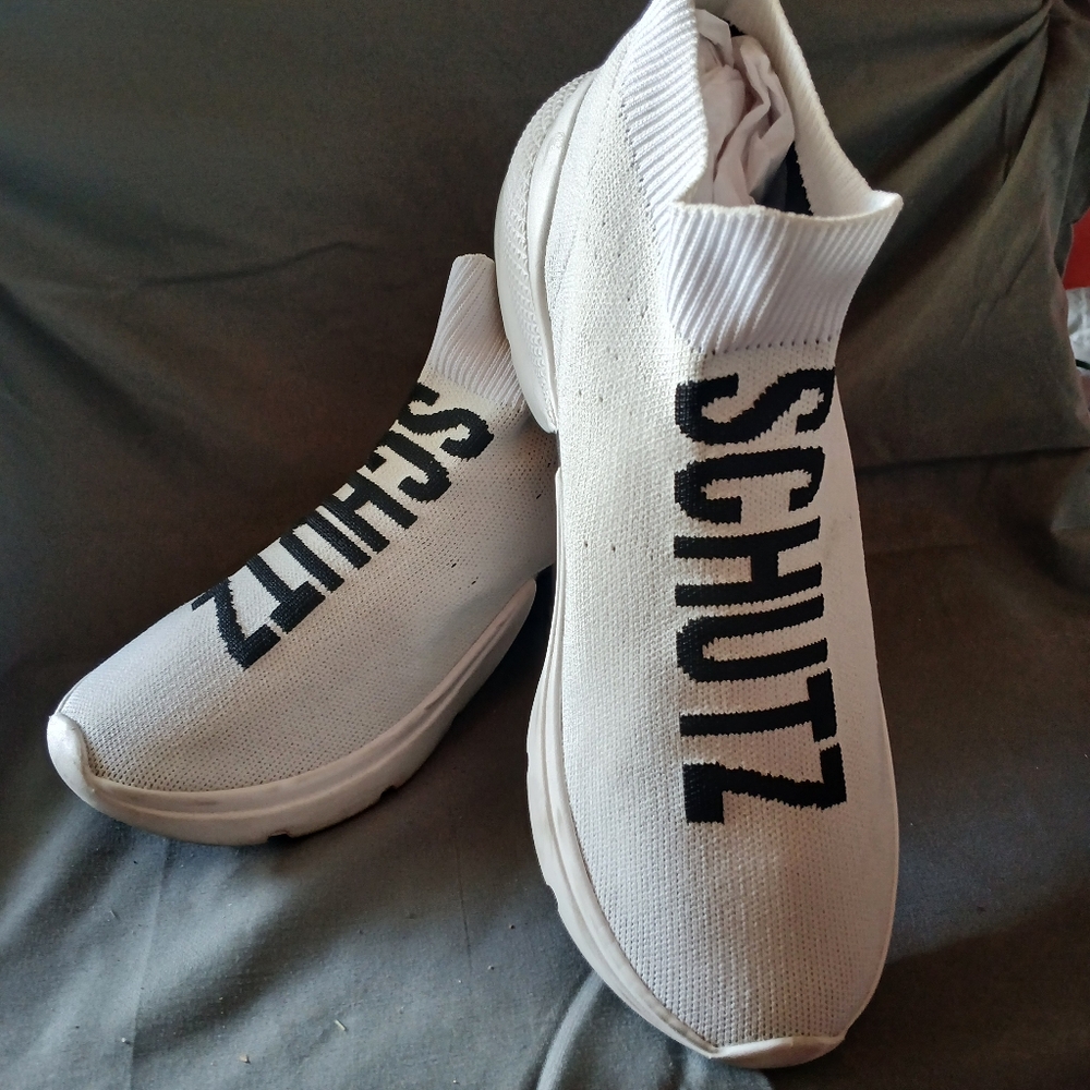 SCHUTZ White and Black Knit Sneakers